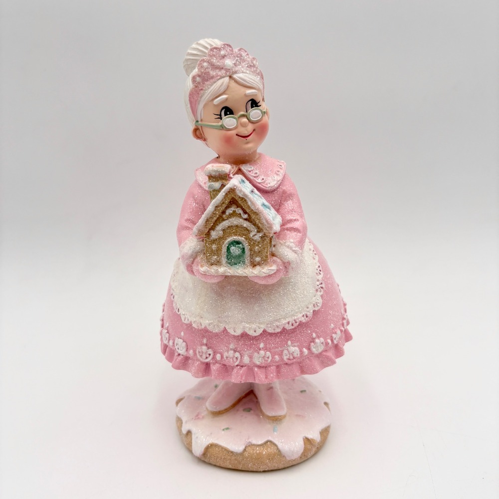 Mrs.‎ Claus Pink Pastel Christmas Figurine with Gingerbread House Holiday Decor